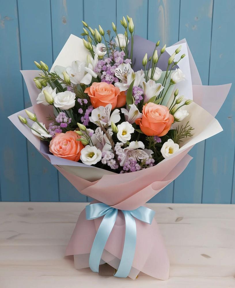 Букет цветов из: Лизиантусы, Розы, Альстромерии и Гипсофила в Смоленске